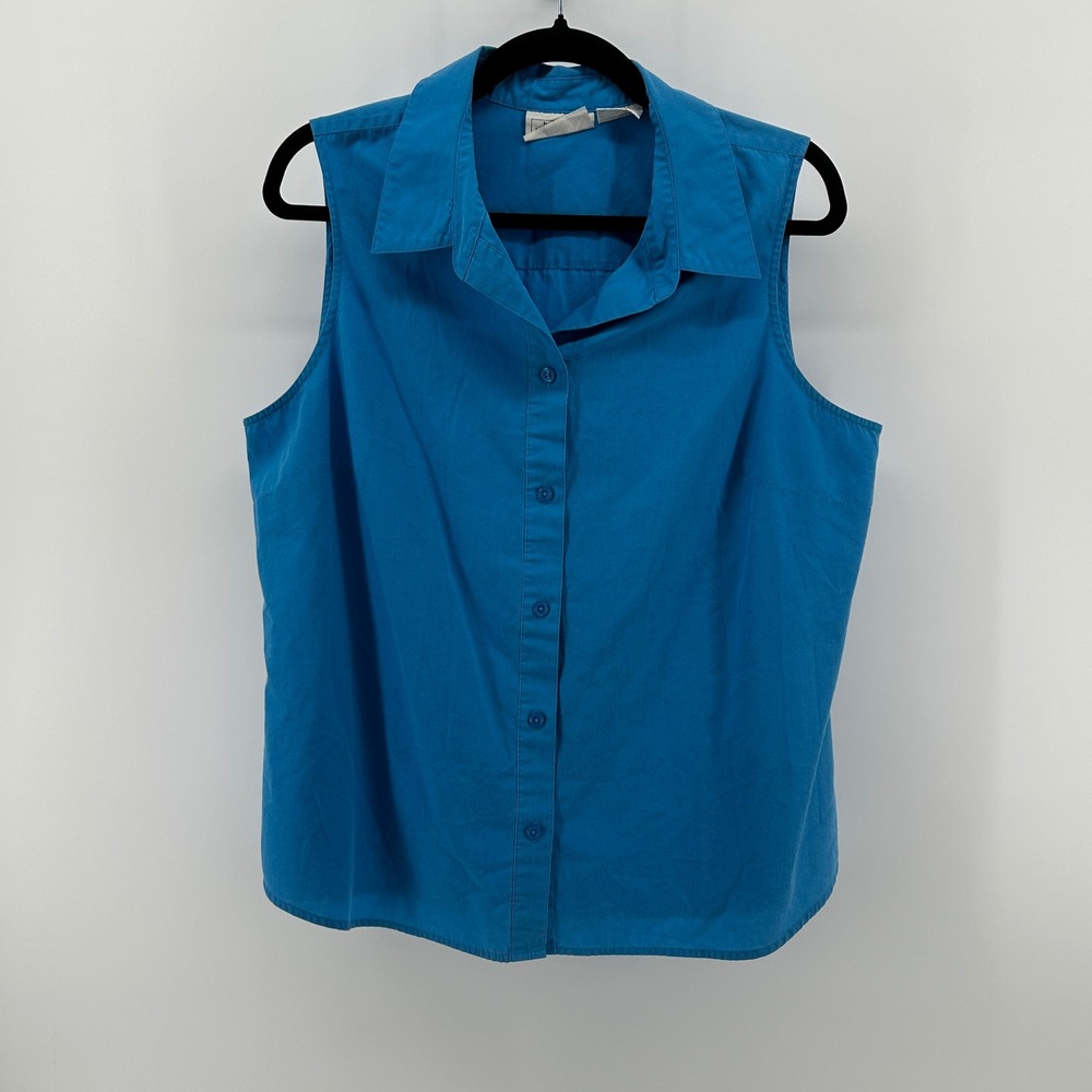 Basic Editions Teal Blue Sleeveless Button Down Shirt 18W 90s Coastal Preppy